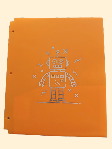 Carpeta naranja con dibujo de robot