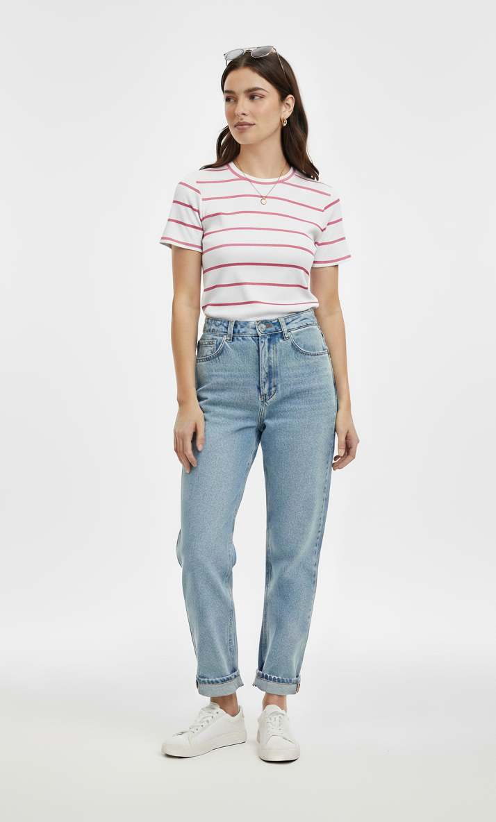 Camiseta branca com listra rosa 