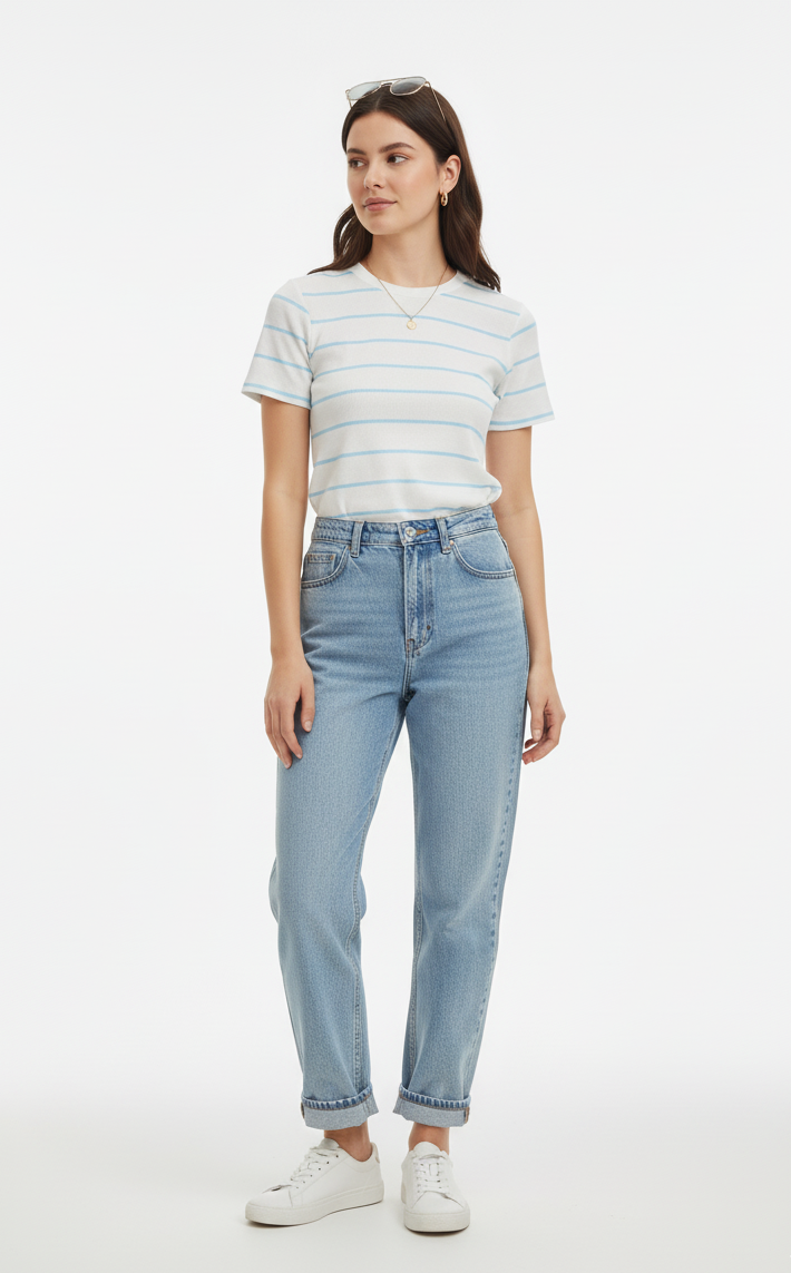 Camiseta branca com listra azul bebê