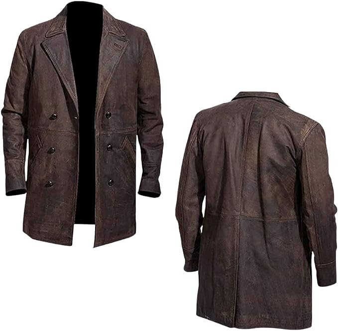 Men's vintage brown leather trench coat