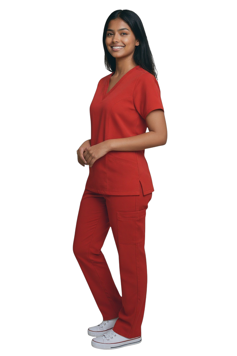 Conjunto de uniforme médico rojo y tinto