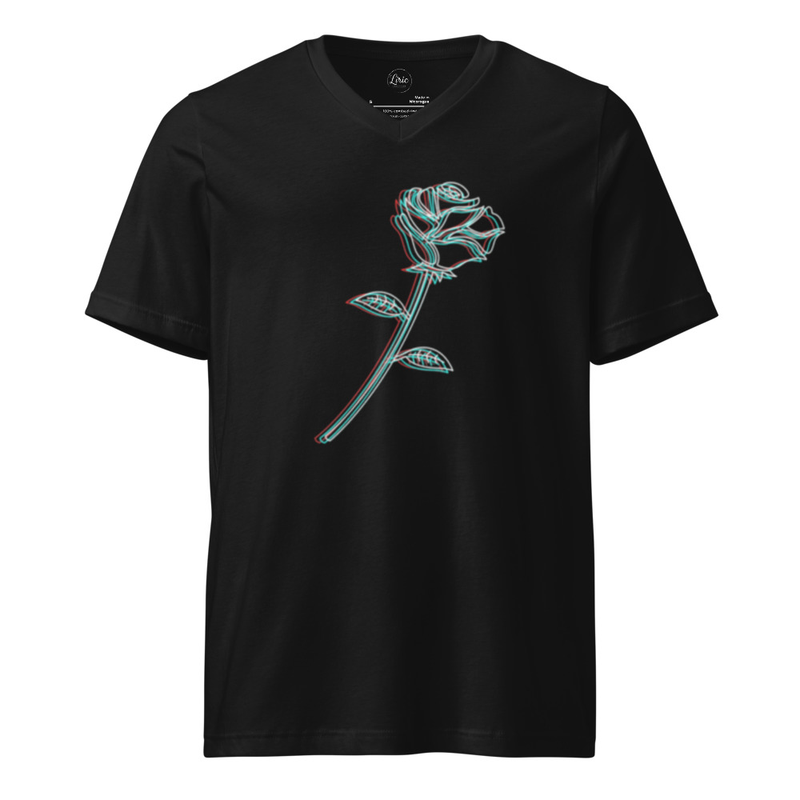Black V-Neck T-Shirt with Glitch Rose Design