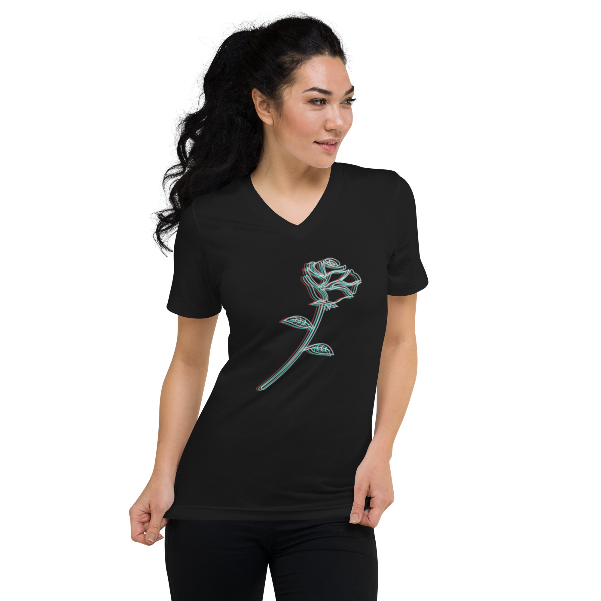 Black V-Neck T-Shirt with Glitch Rose Design