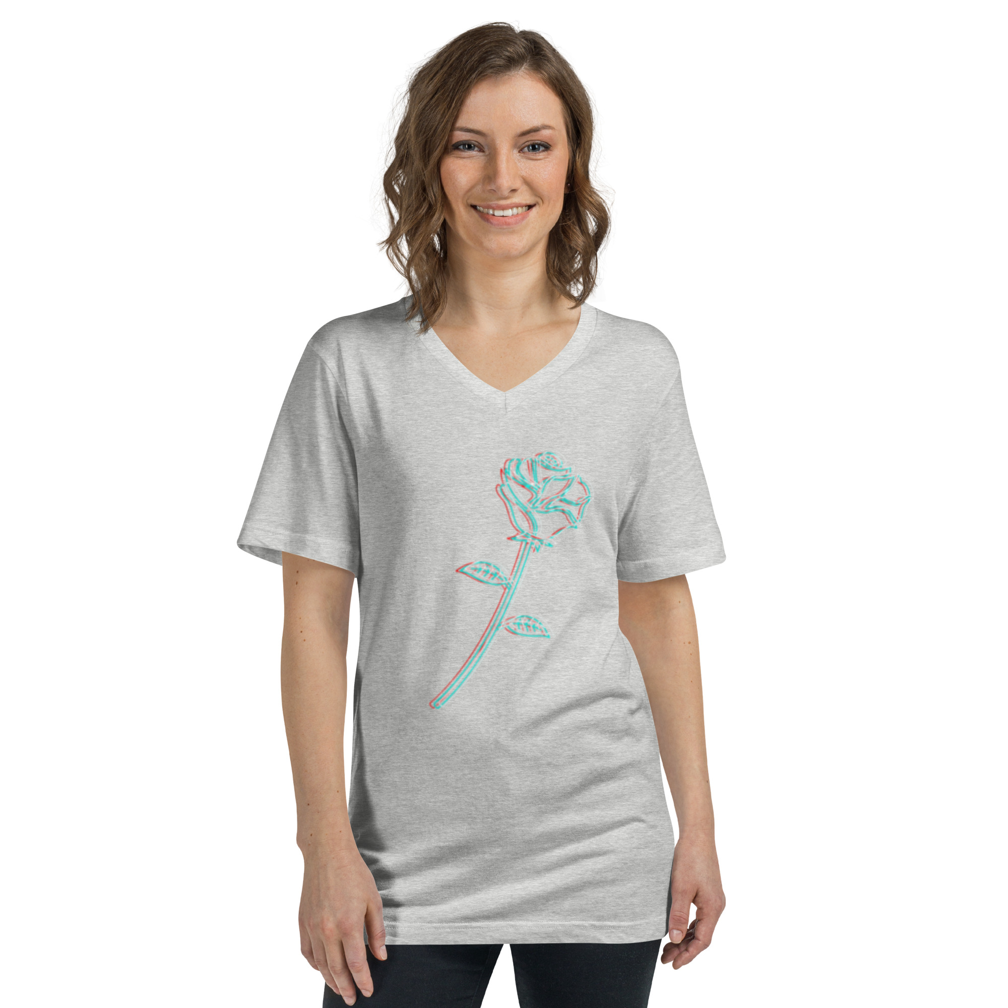 Black V-Neck T-Shirt with Glitch Rose Design