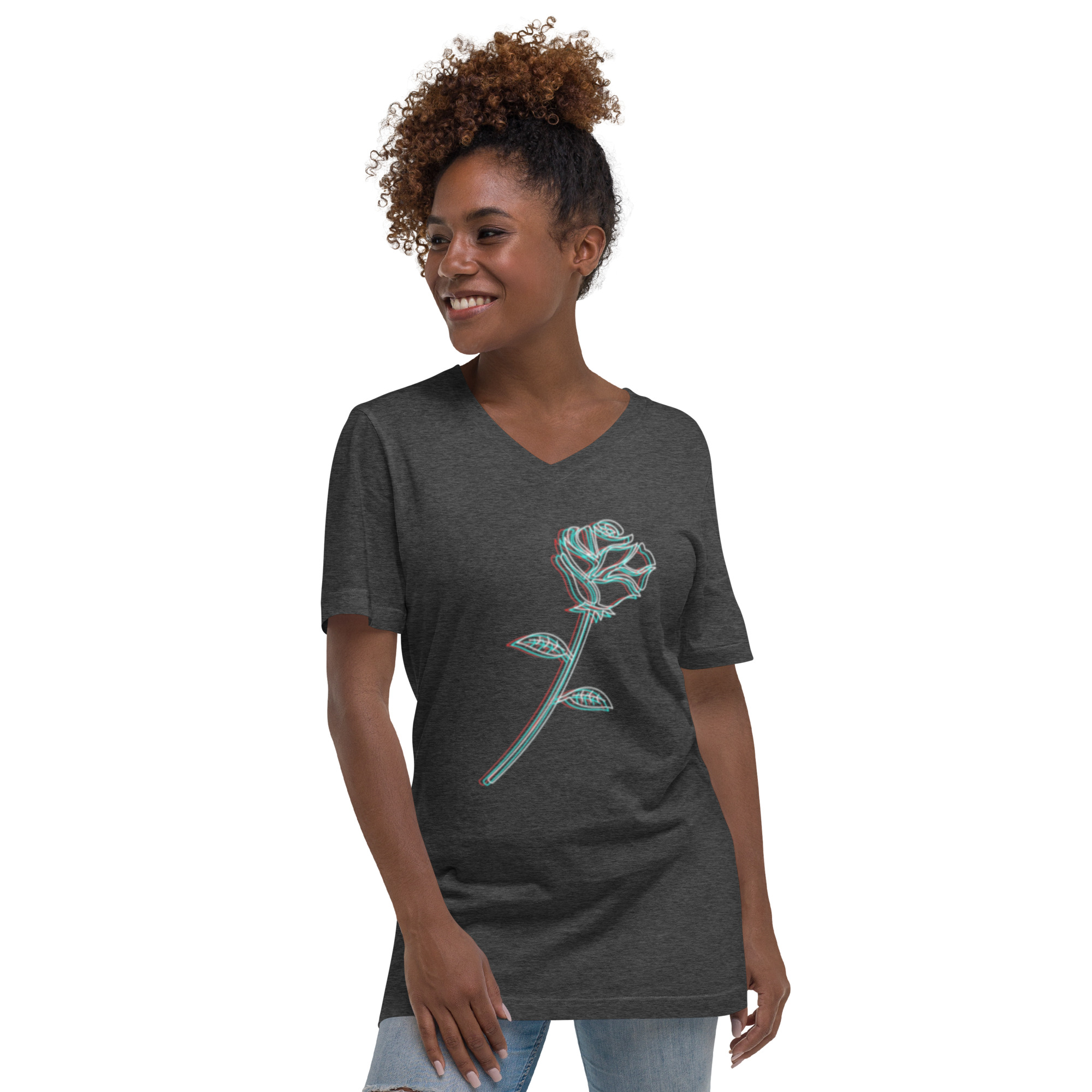 Black V-Neck T-Shirt with Glitch Rose Design