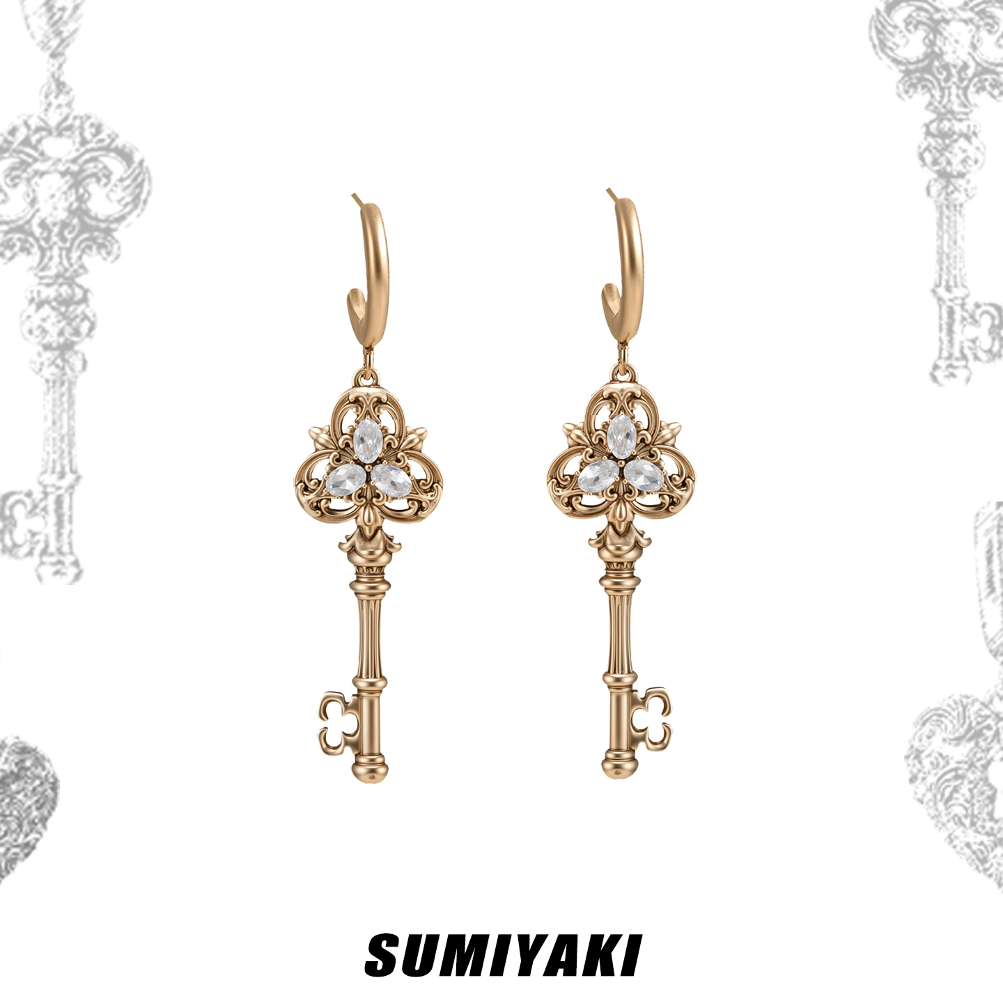 Ornate Crystal Key Hoop Earrings