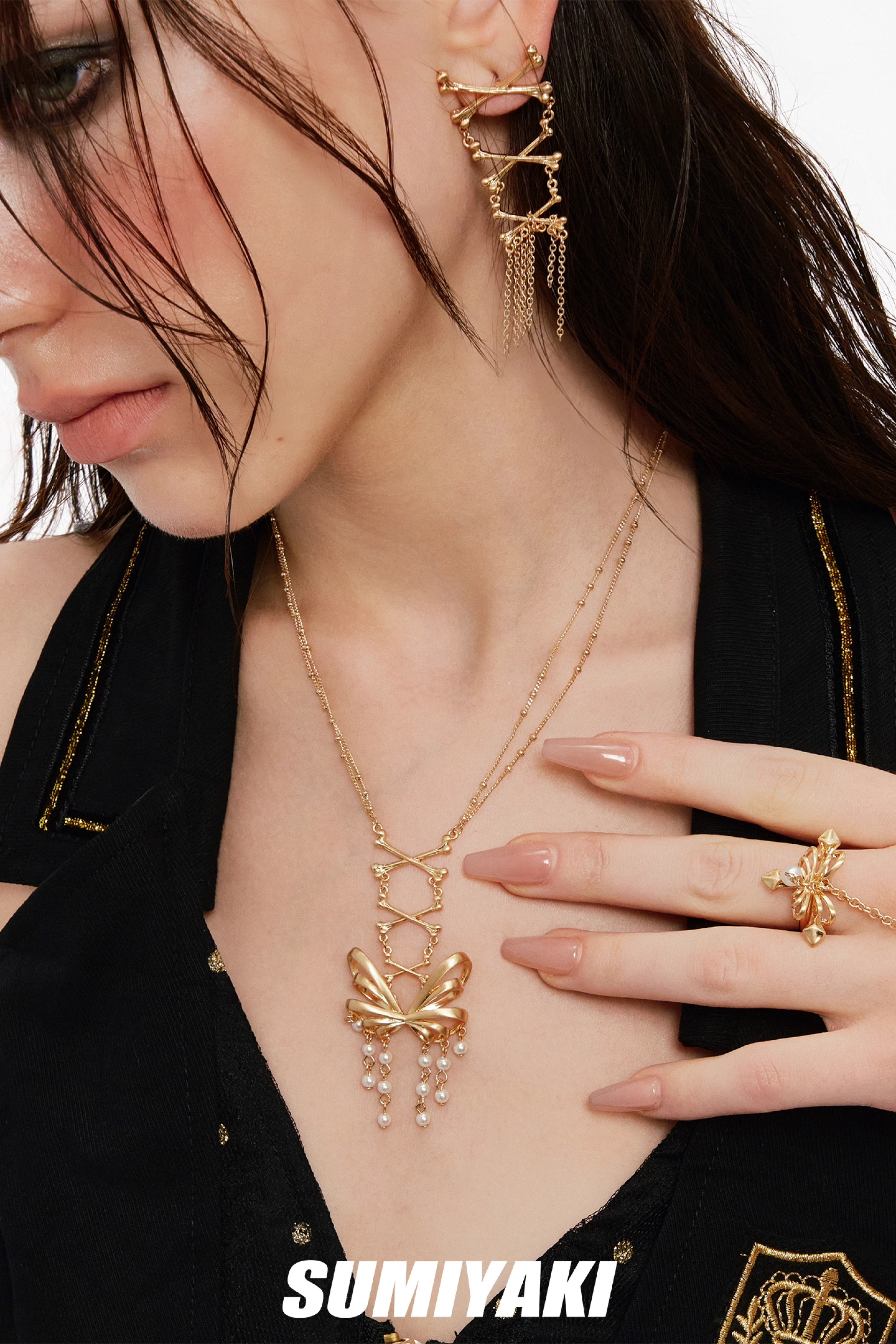 Skeletal Butterfly Pearl Lariat