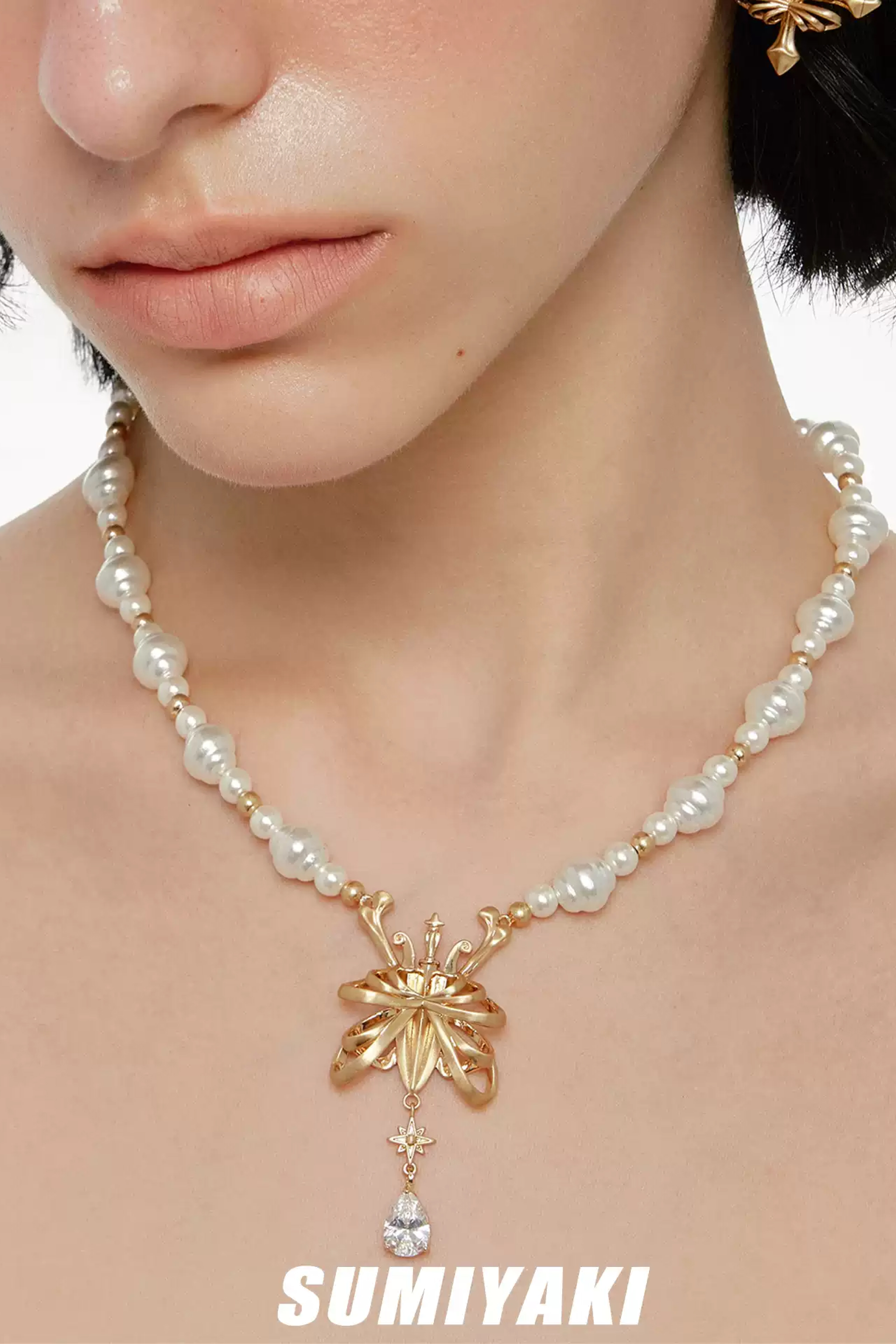 Skeletal Butterfly Pearl Necklace