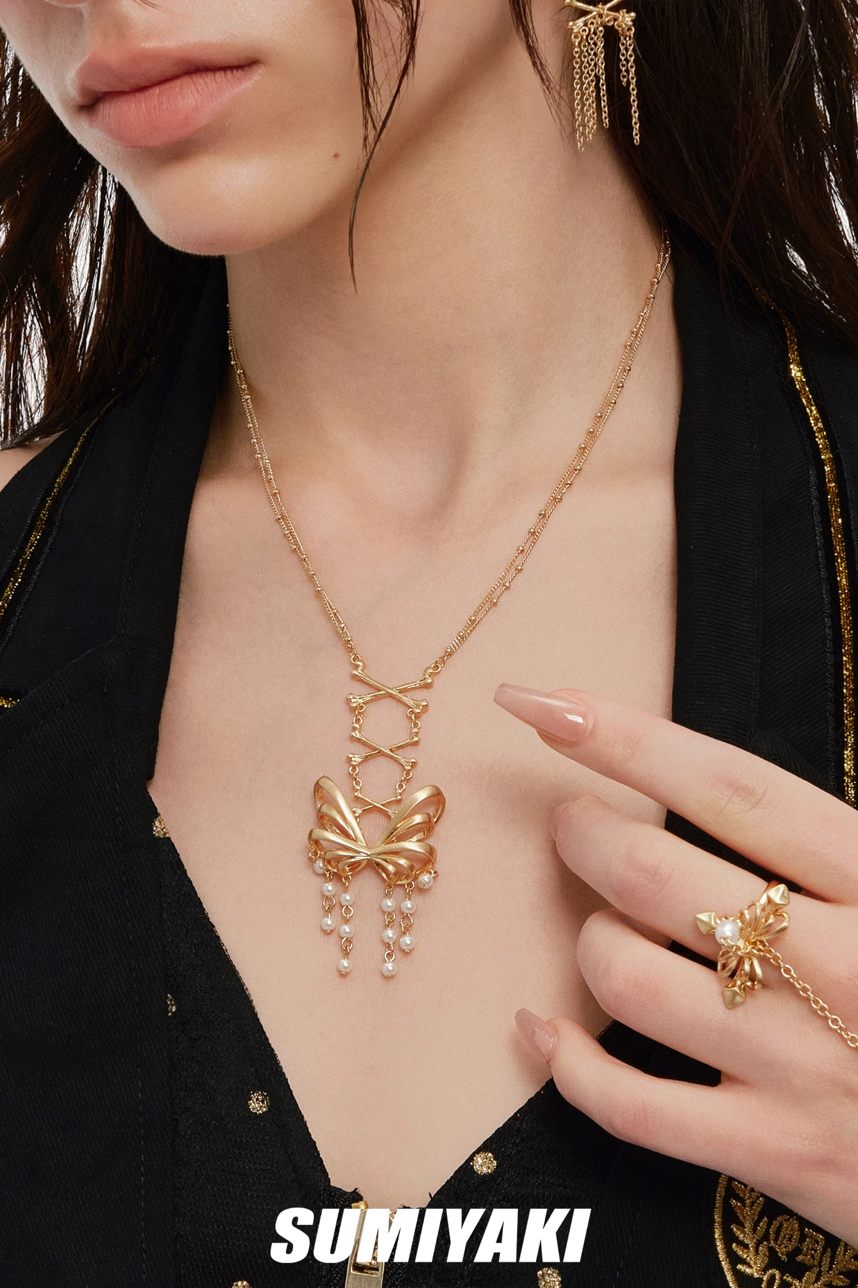 Skeletal Butterfly Pearl Lariat