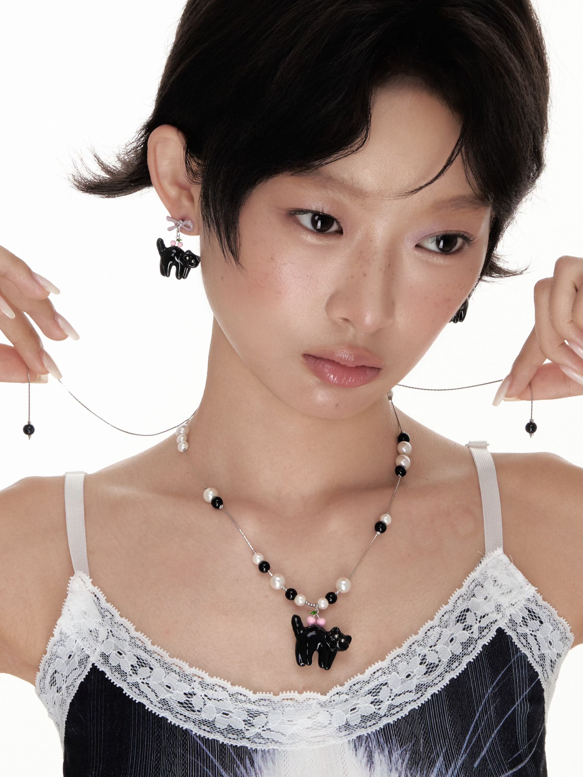 Sweet Cherry Black Cat Earrings