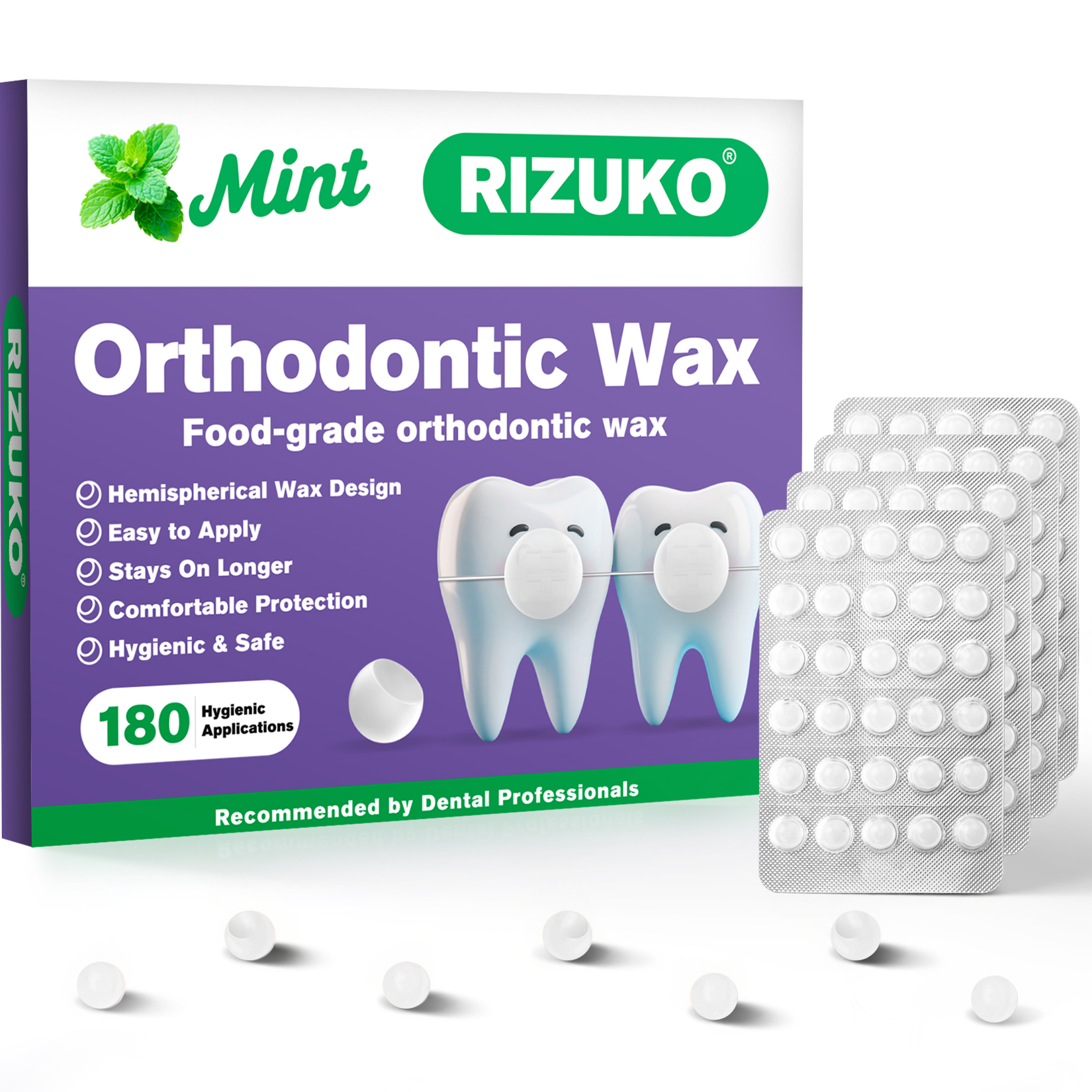 Orthodontic Wax for Braces - 180 Dental Wax Dots | Hygienic Individual Wraps, Mint Flavor