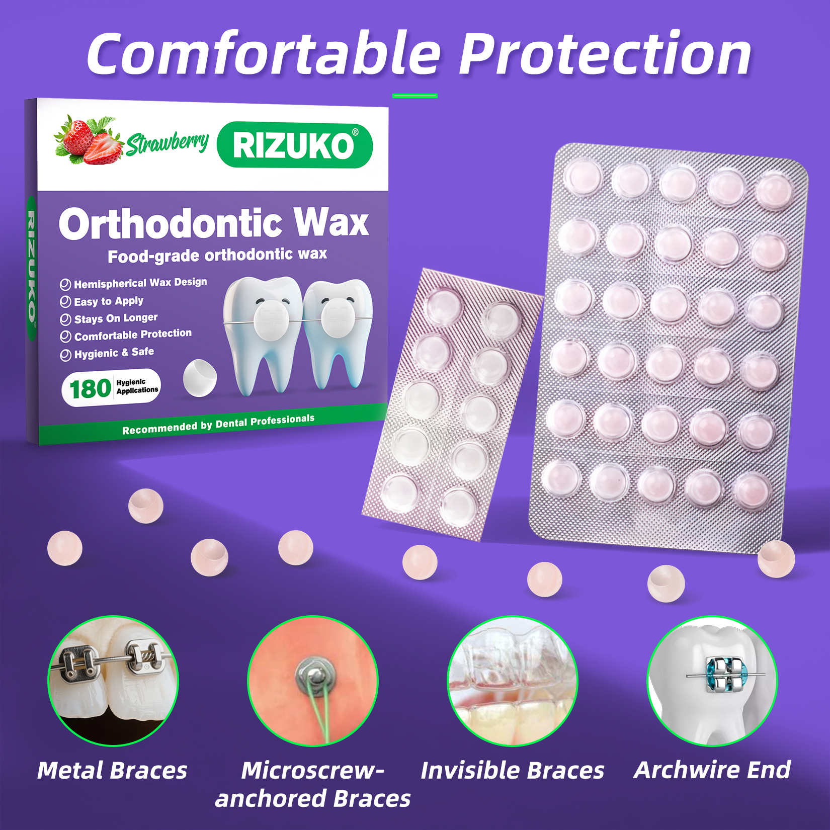 Orthodontic Wax for Braces - 180 Dental Wax Dots | Hygienic Individual Wraps, Strawberry (180 Count)