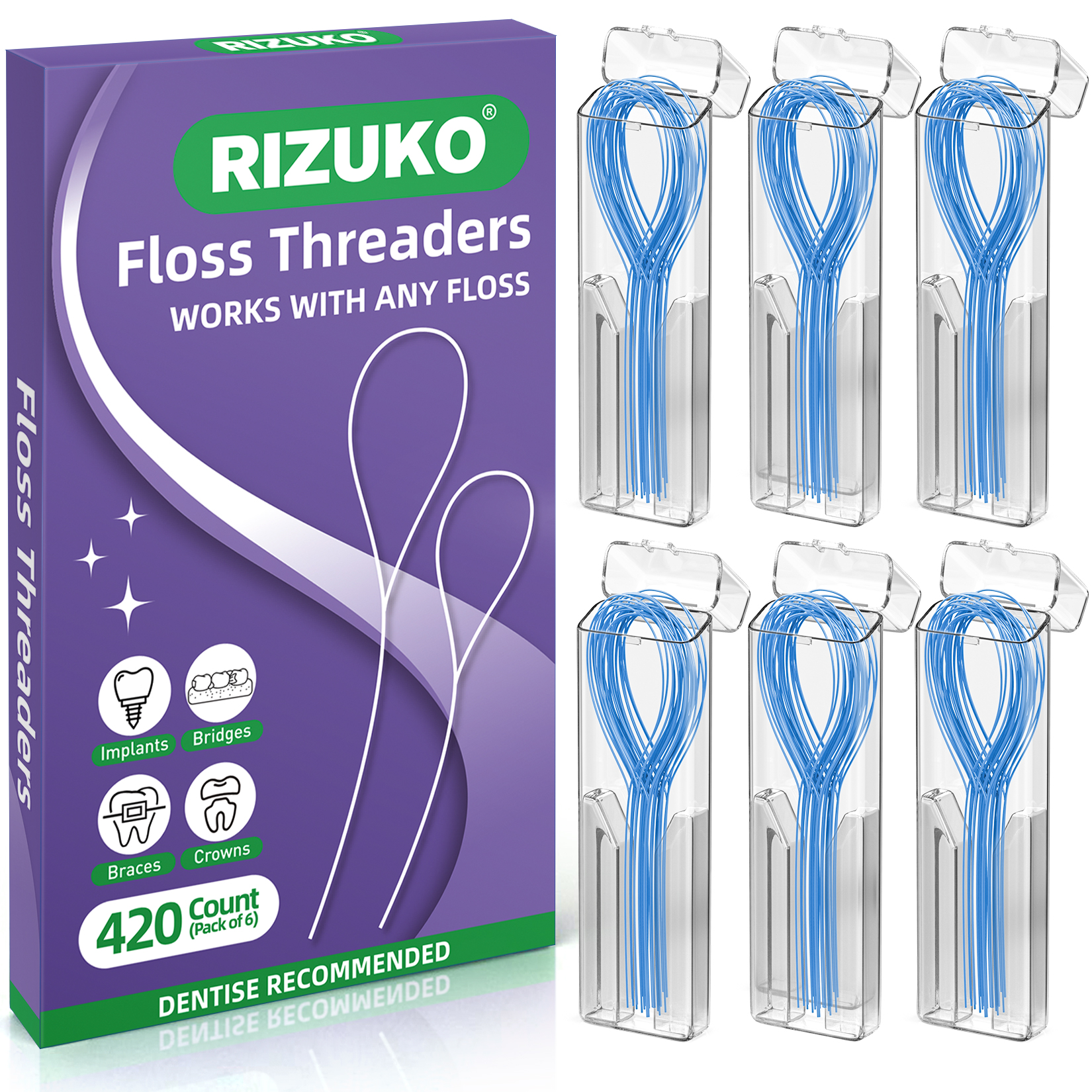 Floss Threaders,Deep Clean Floss for Braces,Bridges,Implants with Portable Travel Case,420 Count (6-Pack)