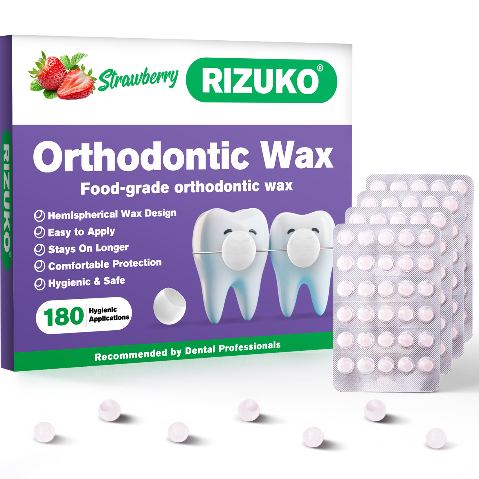 Orthodontic Wax for Braces - 180 Dental Wax Dots | Hygienic Individual Wraps, Strawberry (180 Count)