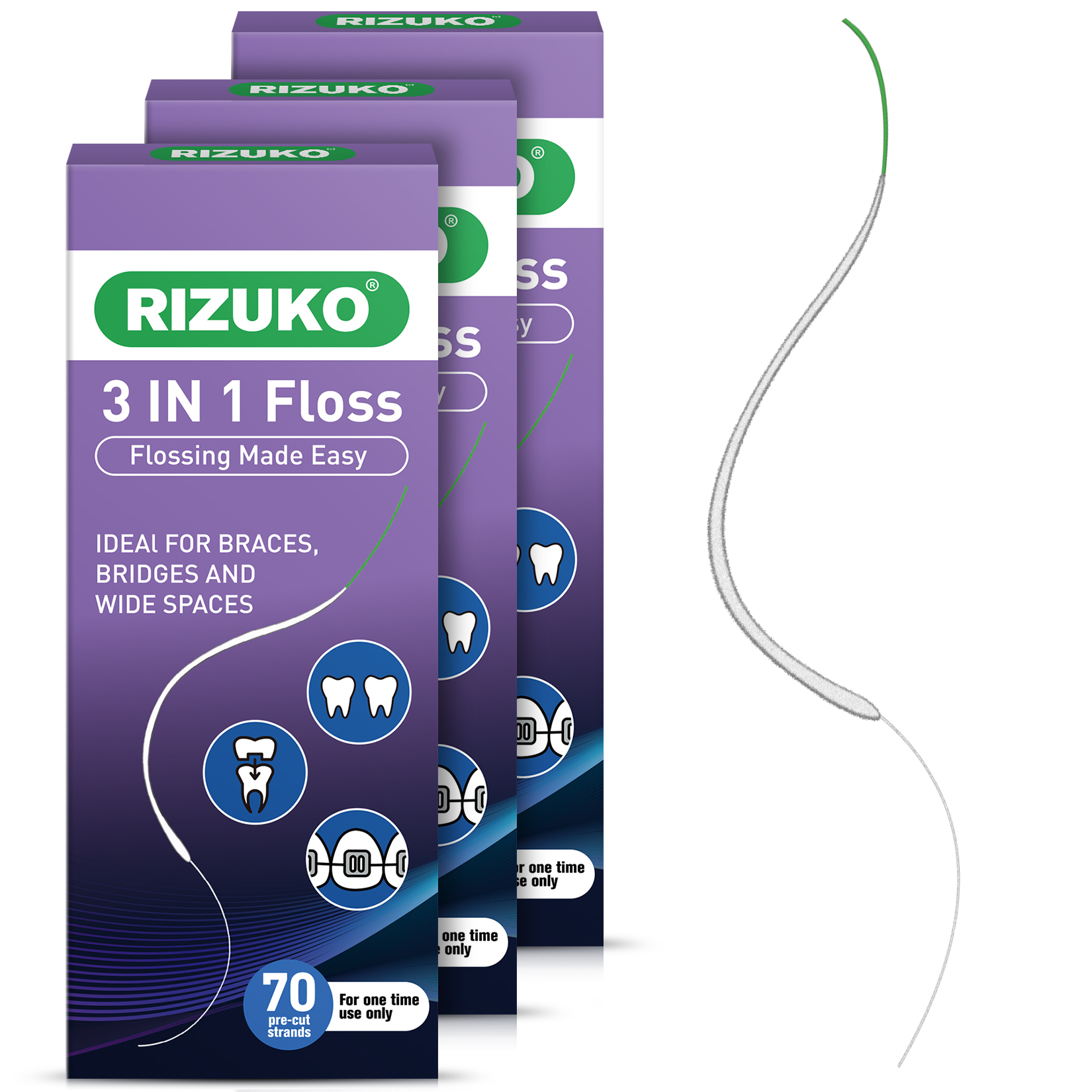Dental Floss for Braces, 3-in-1 Dental Floss for Bridges, Implants, Deep Cleaning 70 Pre-Cut Strands (Pack of 3)