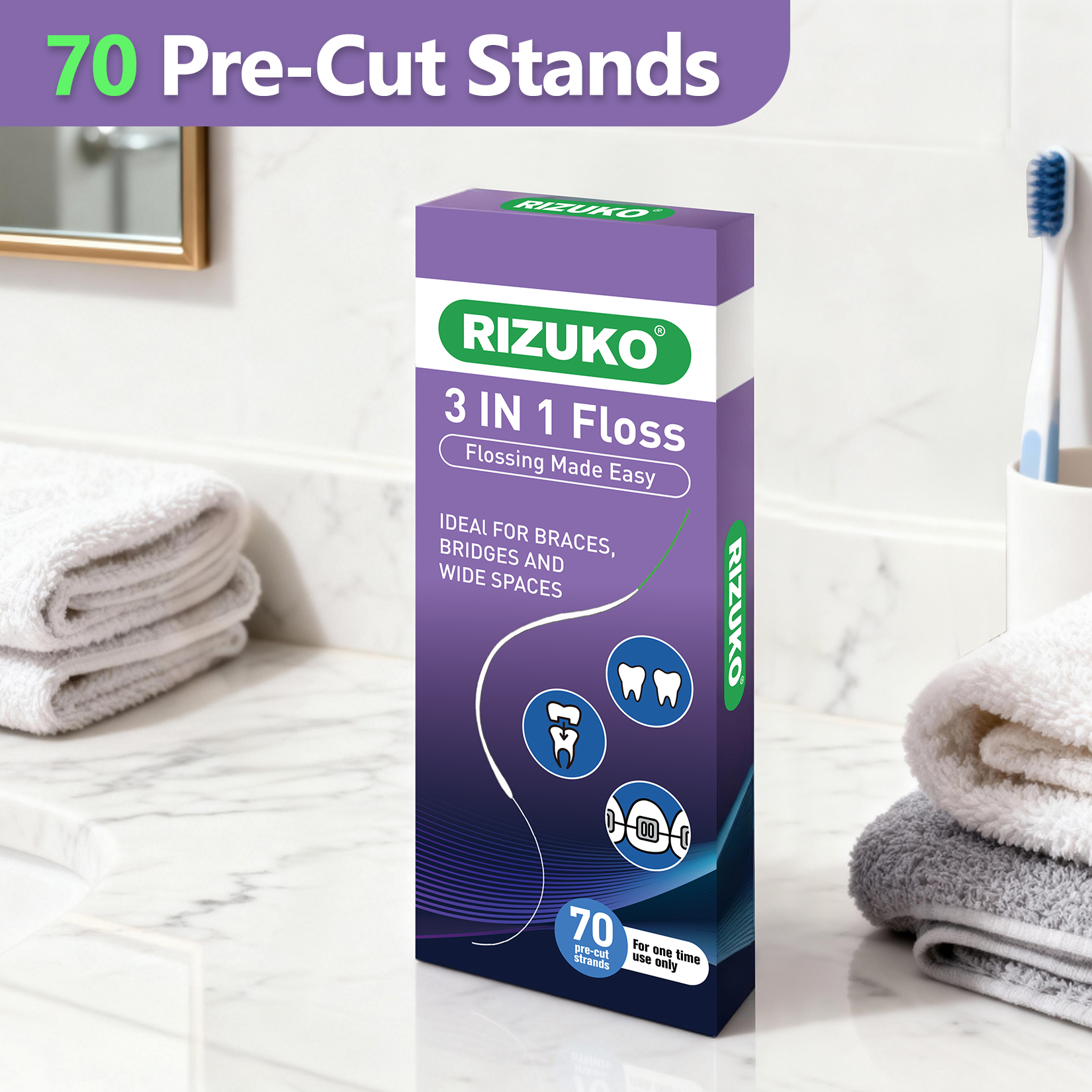 Dental Floss for Braces, 3-in-1 Dental Floss for Bridges, Implants, Deep Cleaning 70 Pre-Cut Strands (Pack of 2)