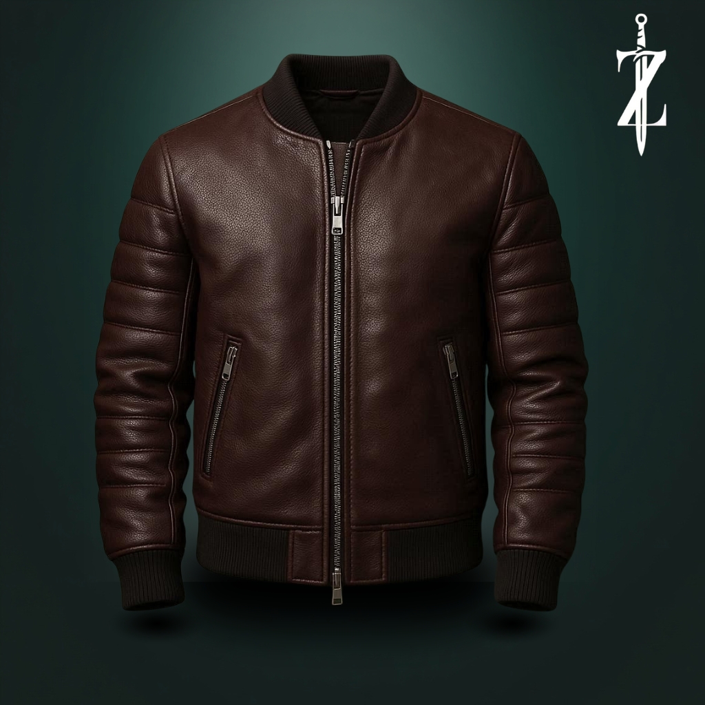 Classic Brown Leather Bomber Jacket