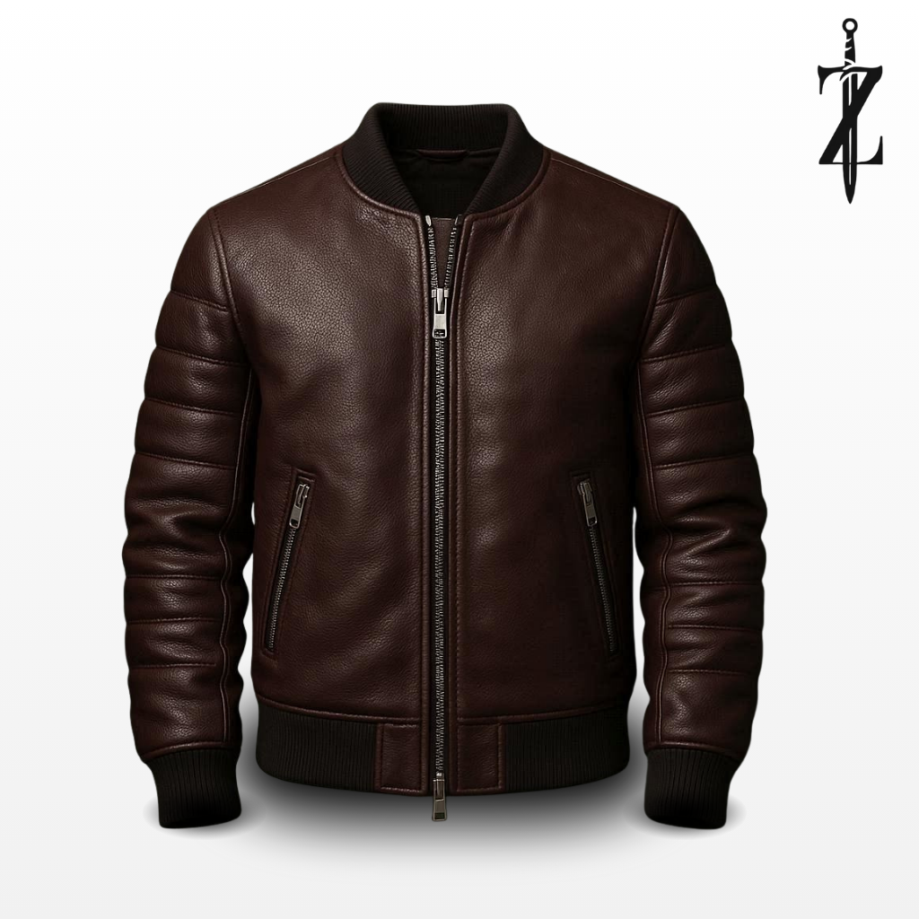 Classic Brown Leather Bomber Jacket