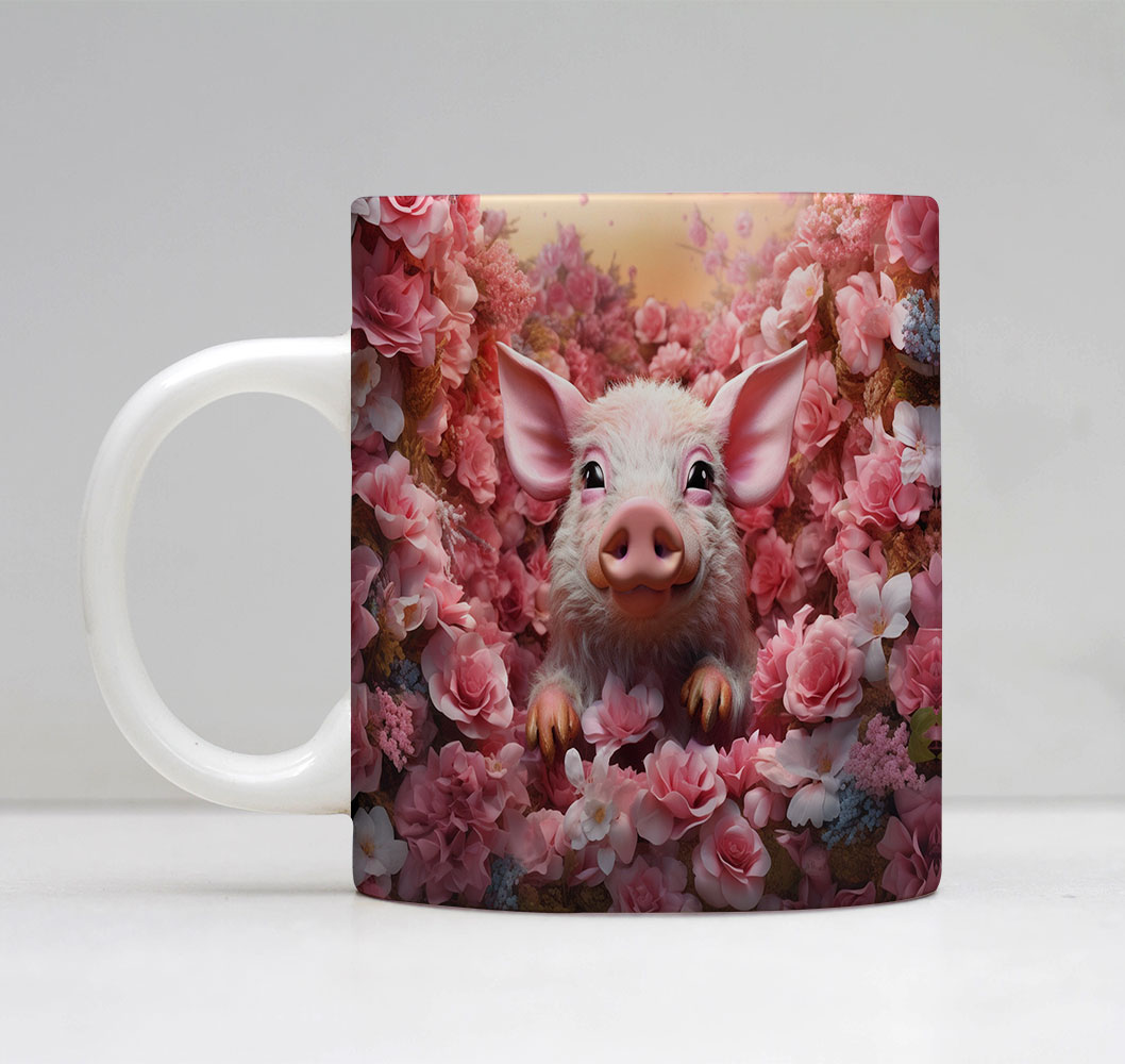 Taza cerámica con cerdito entre flores rosas
