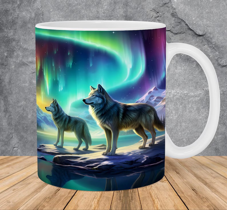 Taza con lobos y auroras boreales