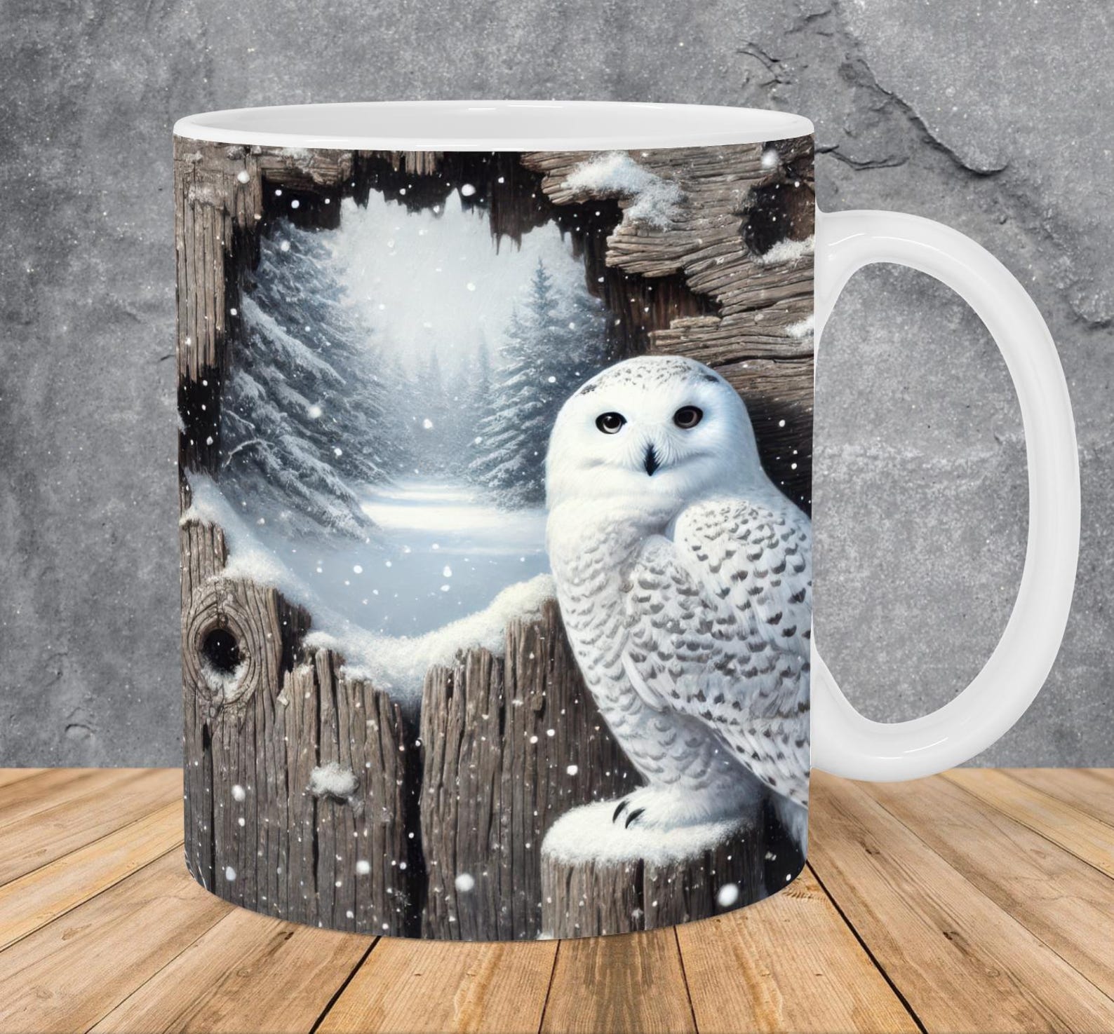 Taza con búho y paisaje nevado