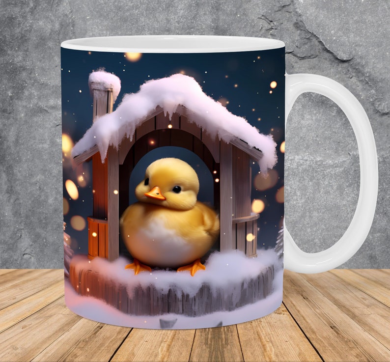 Taza con diseño de pollito en invierno