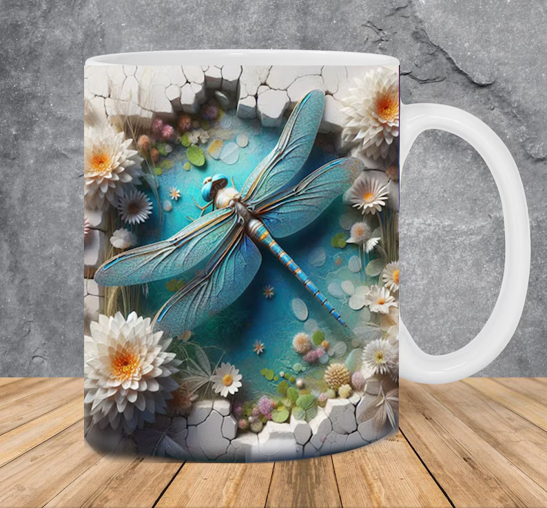 Taza de cerámica con diseño de libélula