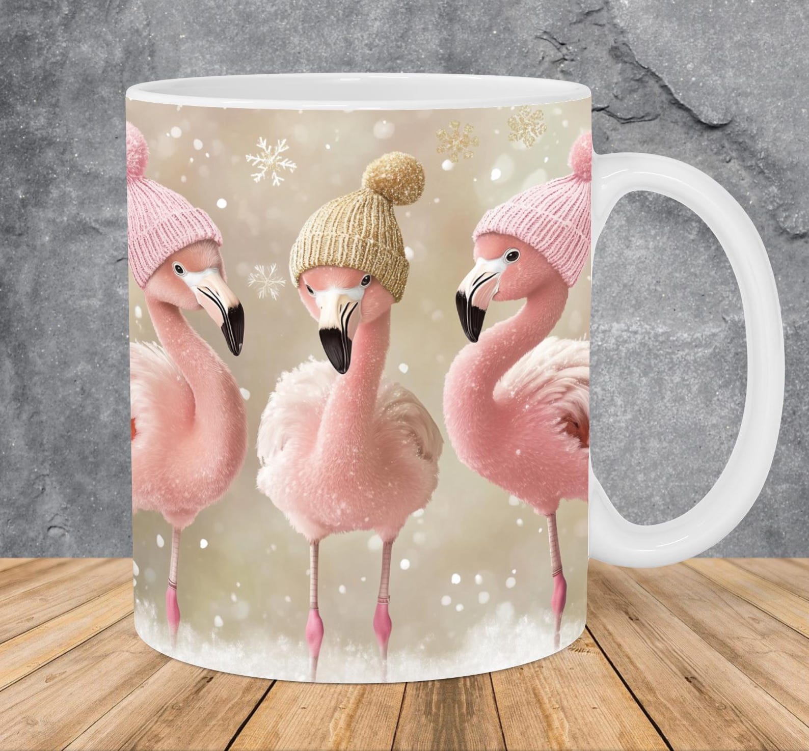 Taza de flamencos con gorros de invierno