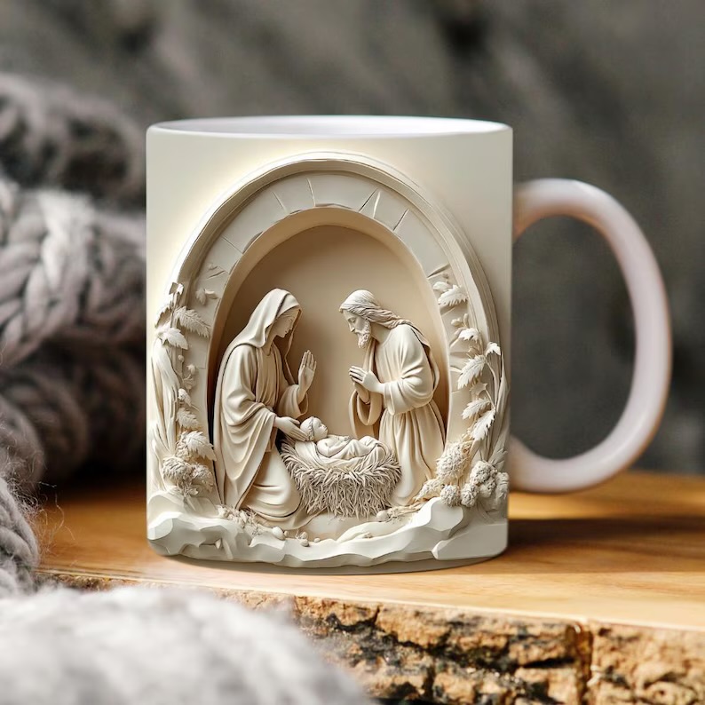 Taza de cerámica con escena de nacimiento