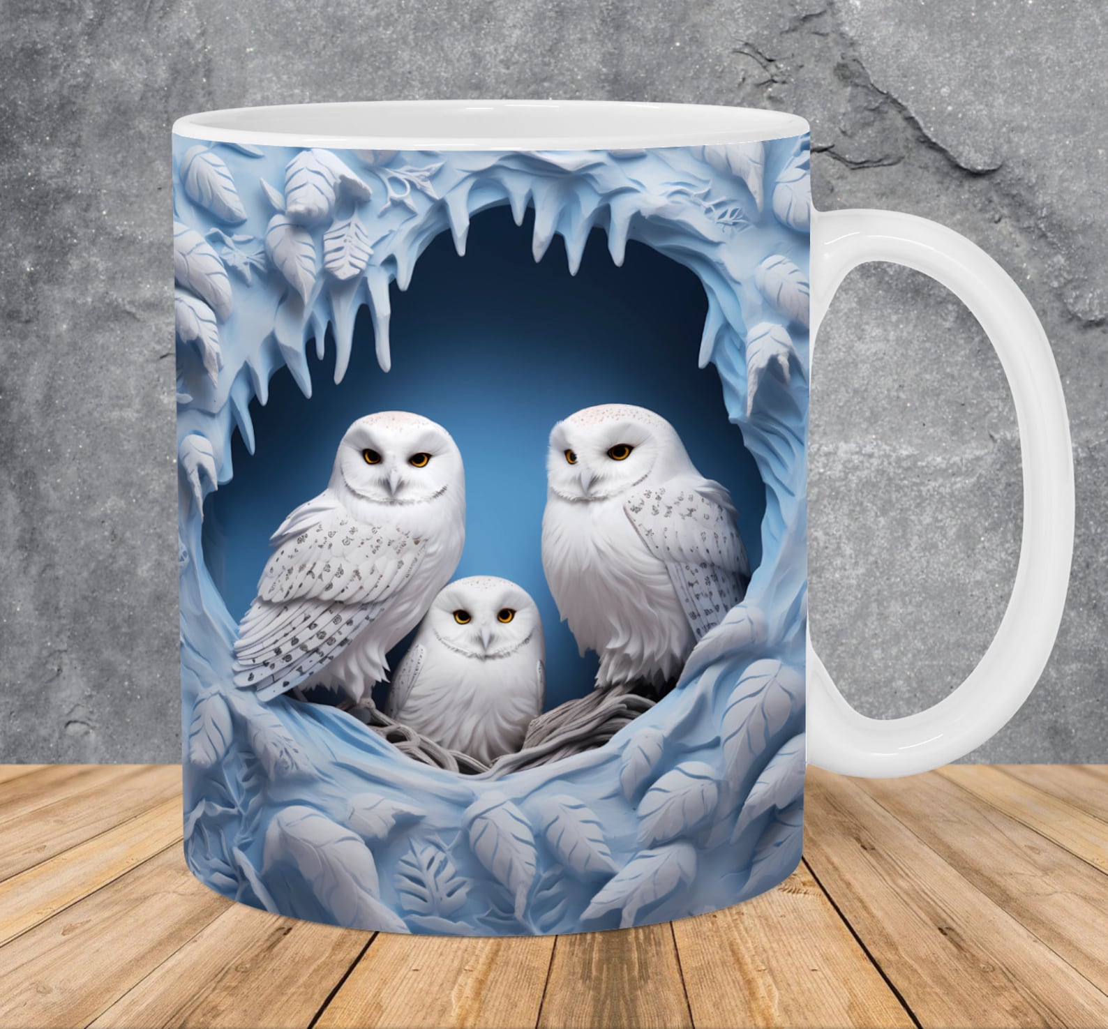 Taza de búhos en invierno
