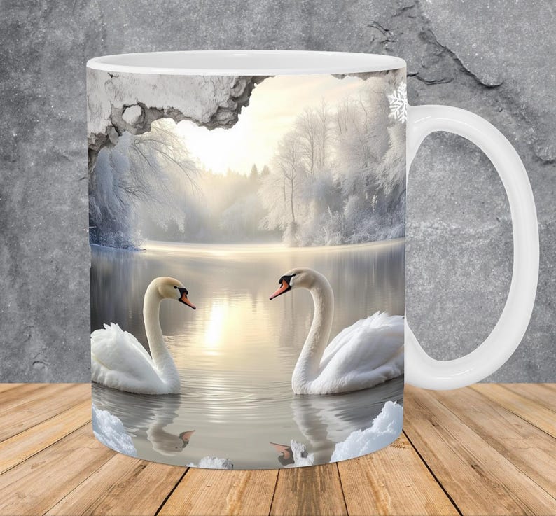 Taza con cisnes en lago invernal