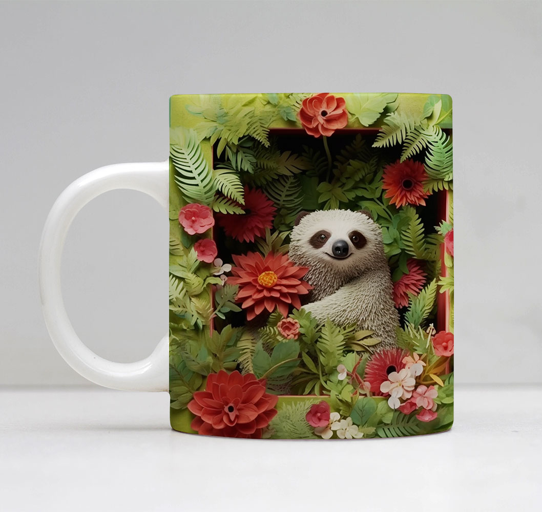 Taza con perezoso y flores