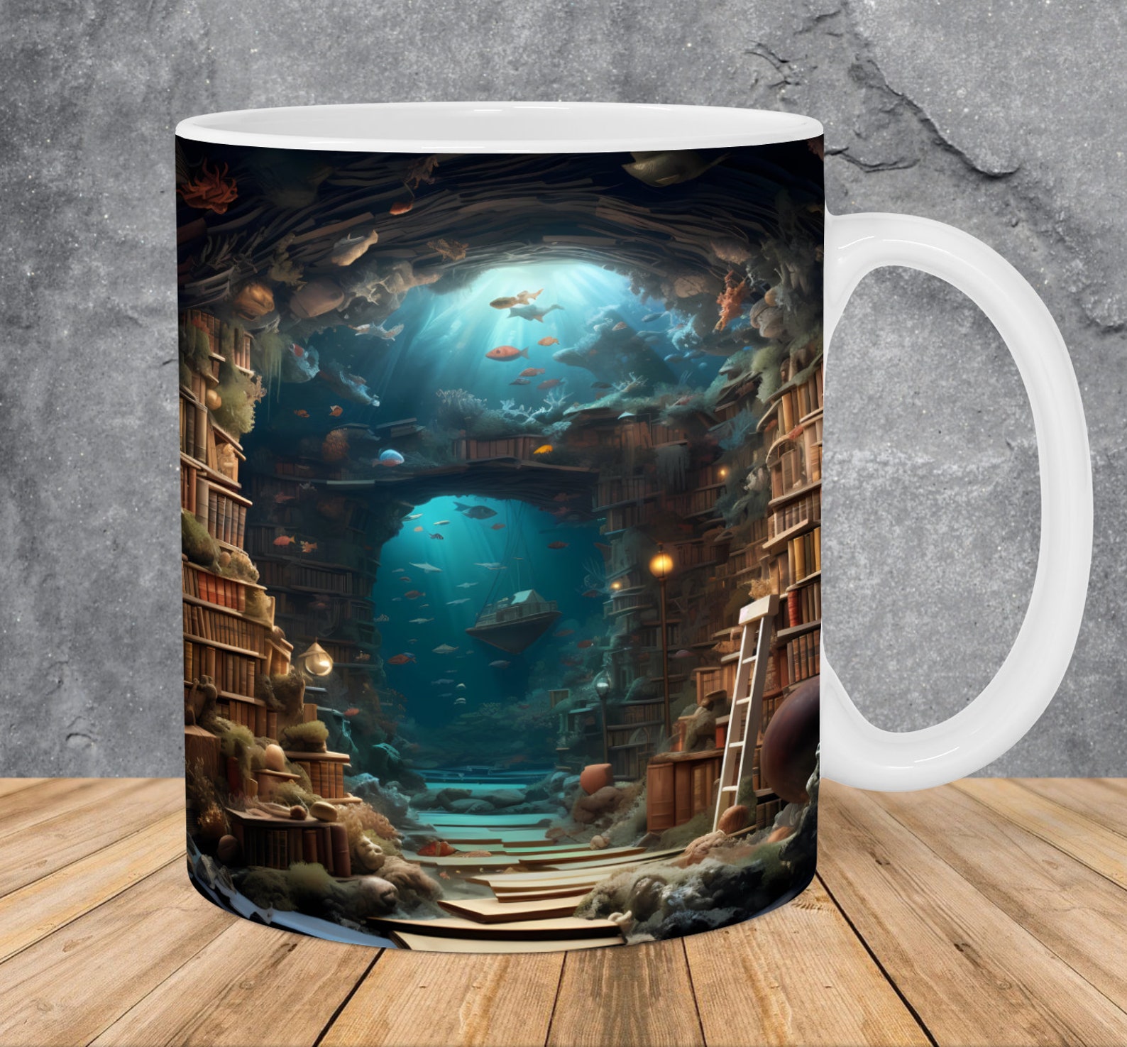 Taza con diseño de biblioteca submarina