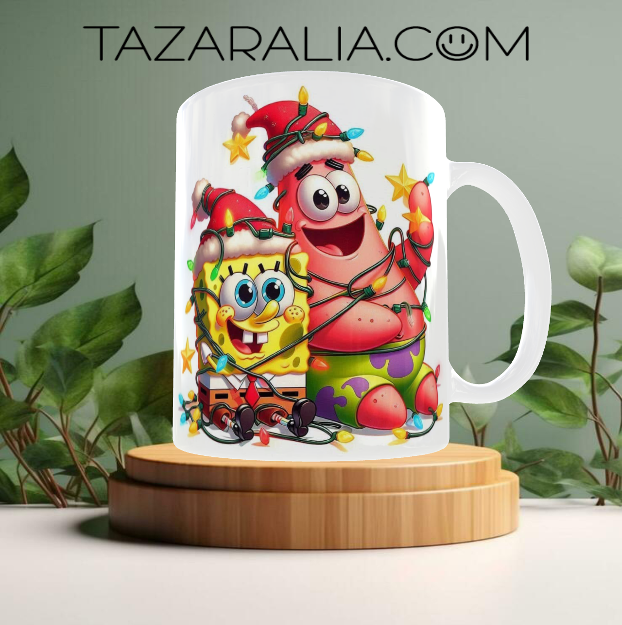 Taza navideña de Bob Esponja y Patricio