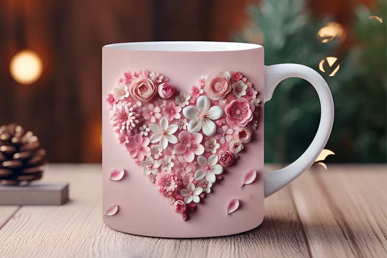 Taza con diseño de corazón floral