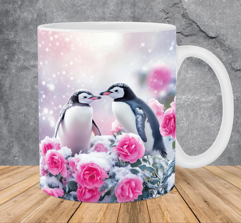 Taza con pingüinos y rosas