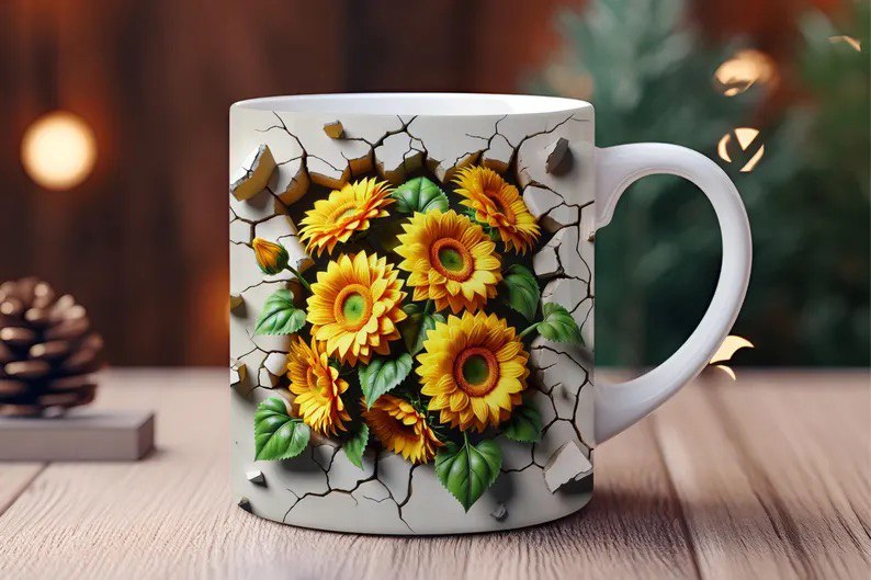Taza con girasoles en relieve