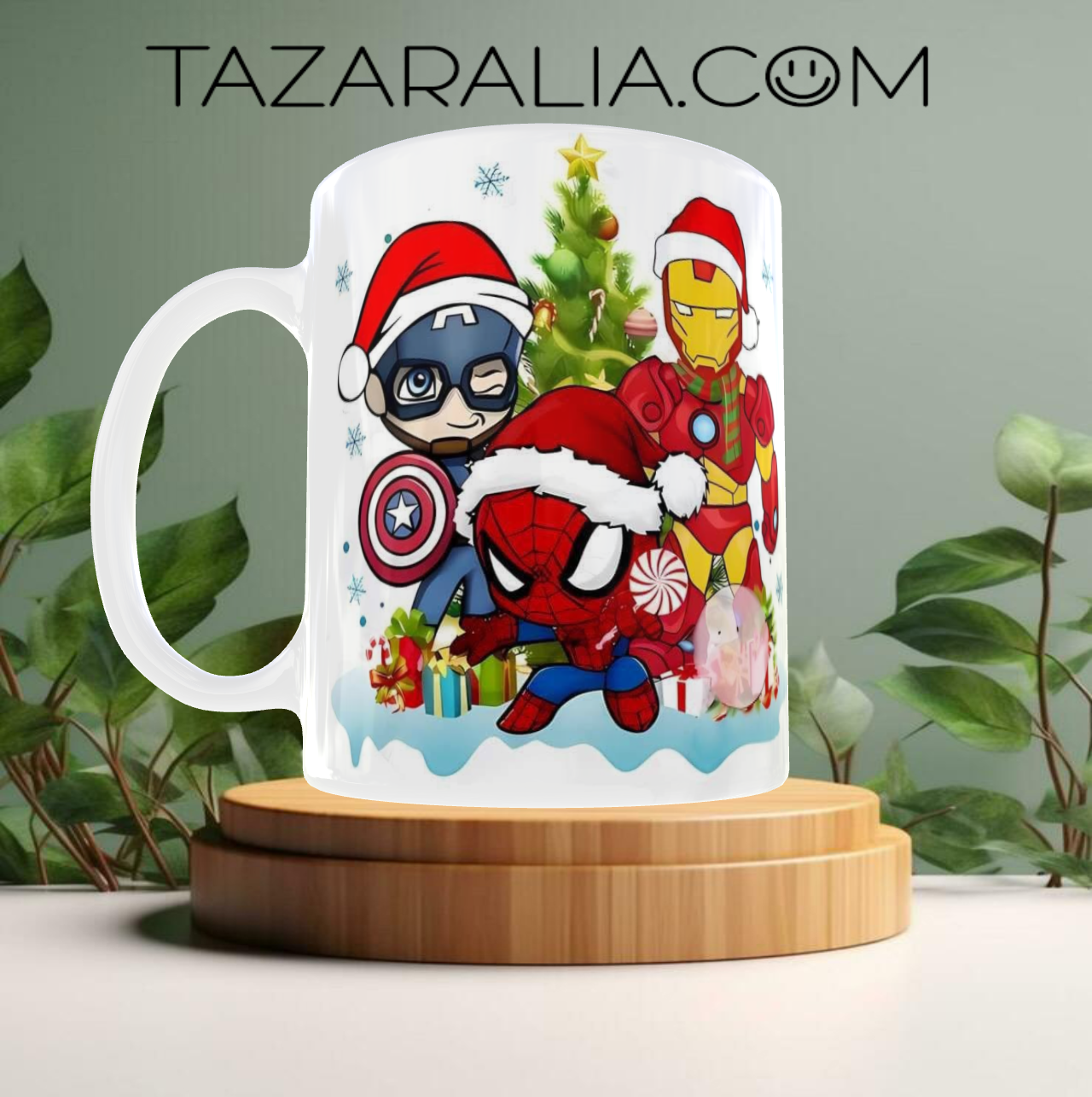 Taza navideña de superhéroes