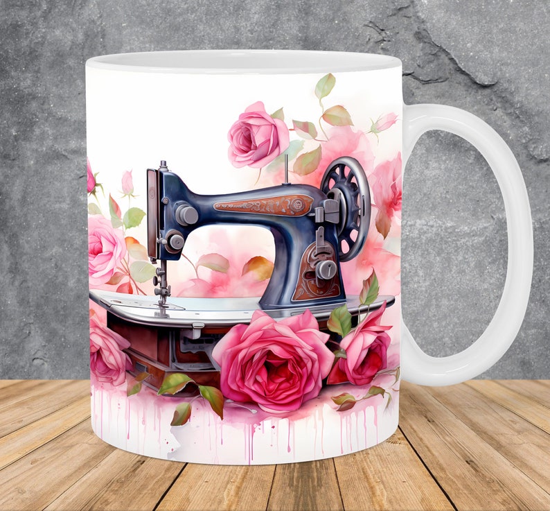 Taza con diseño de máquina de coser