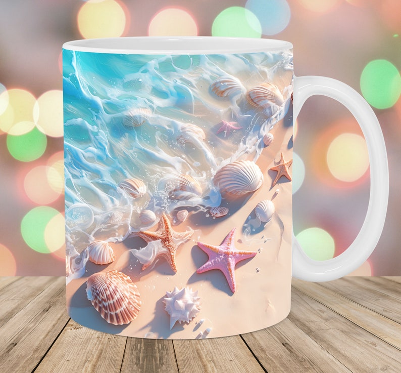 Taza con diseño de playa y conchas marinas