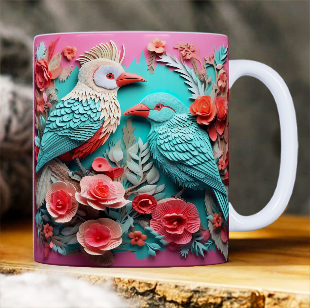 Taza de cerámica con diseño de aves y flores