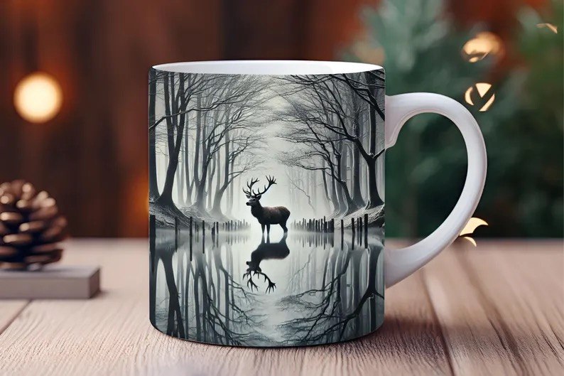 Taza con ciervo en bosque