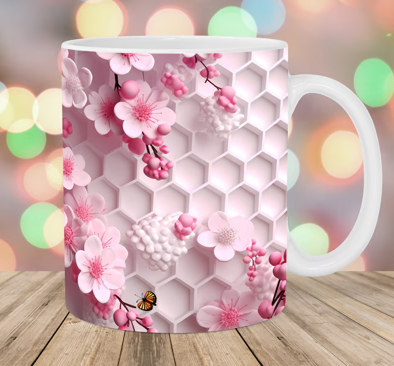 Taza floral con diseño de colmena