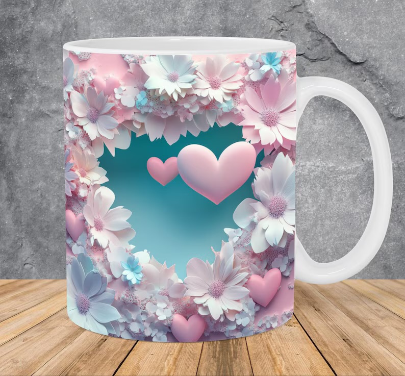 Taza decorativa con diseño de corazones y flores