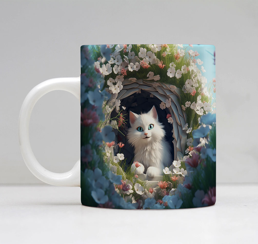 Taza con gato y flores