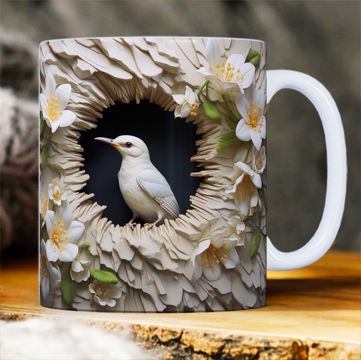 Taza decorativa con pájaro