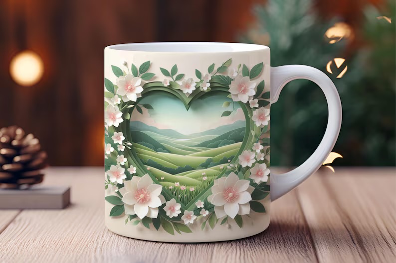 Taza de paisaje con flores