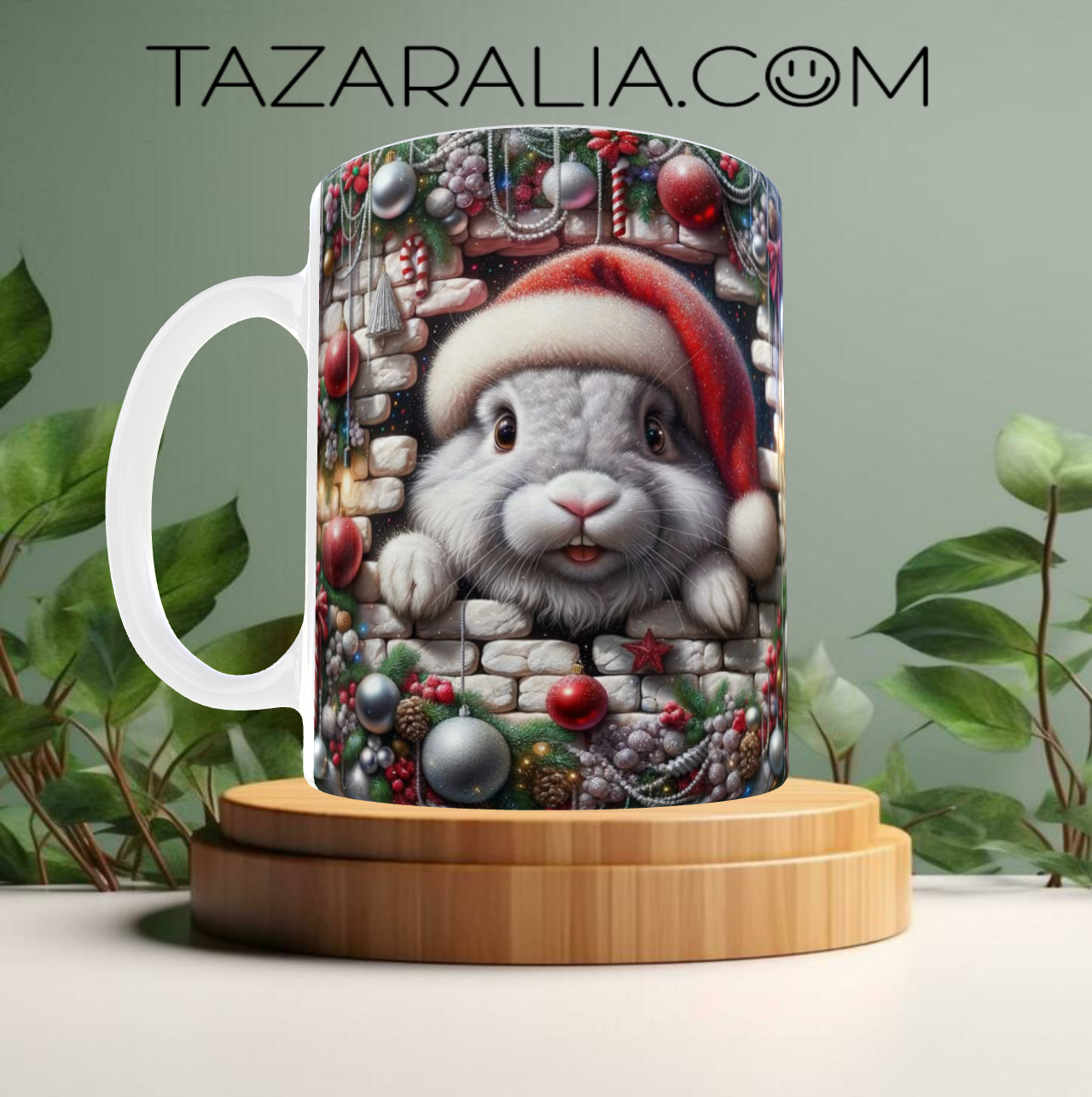 Taza con diseño de conejo navideño