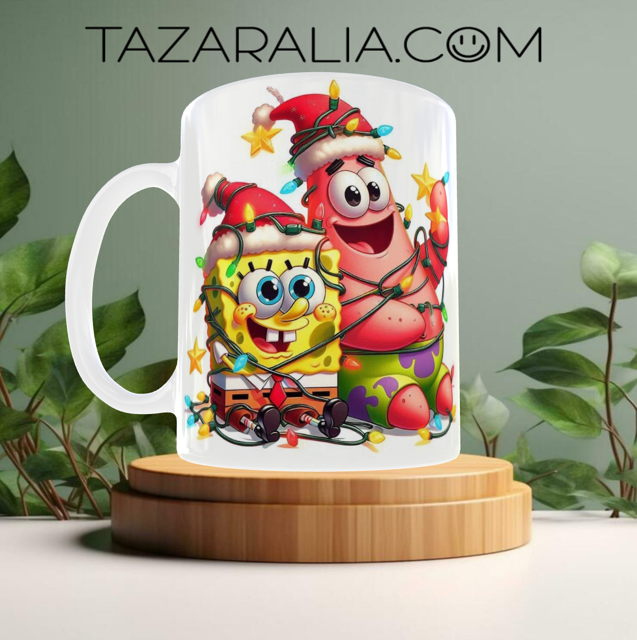 Taza navideña de Bob Esponja y Patricio