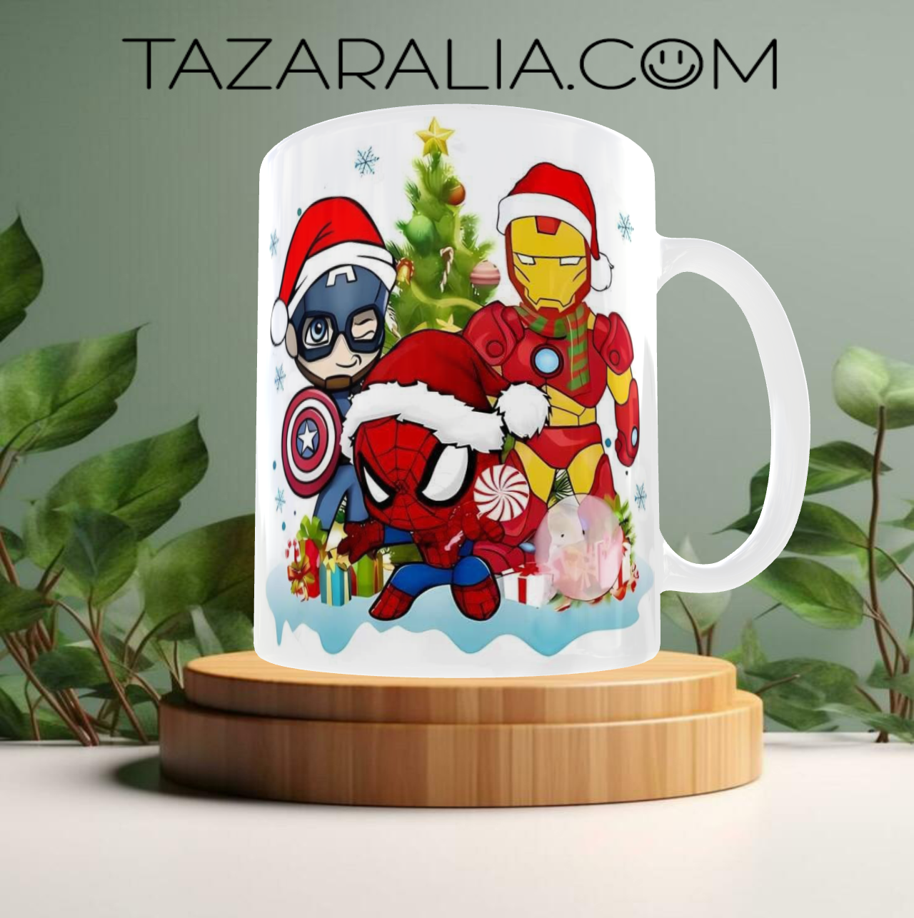 Taza navideña de superhéroes